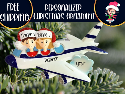 Airplane Vacation Family of 2 Personalized Christmas Ornament