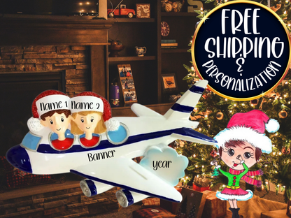 Airplane Vacation Family of 2 Personalized Christmas Ornament