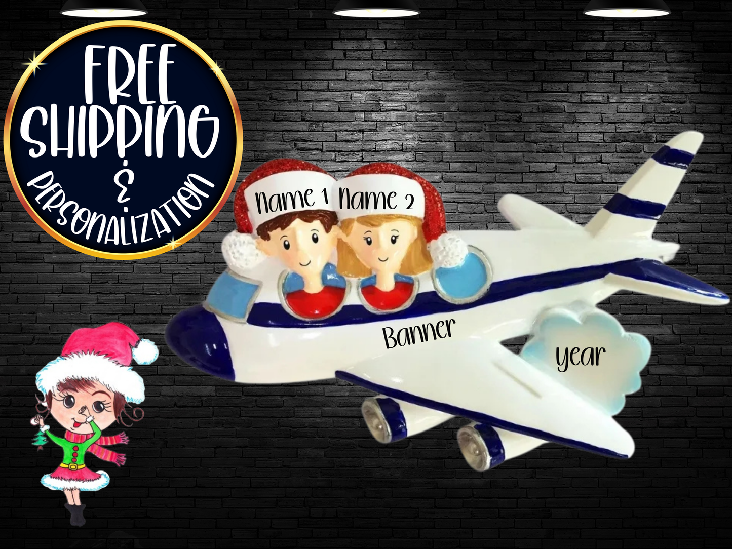 Airplane Vacation Family of 2 Personalized Christmas Ornament