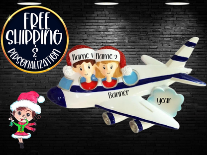 Airplane Vacation Family of 2 Personalized Christmas Ornament