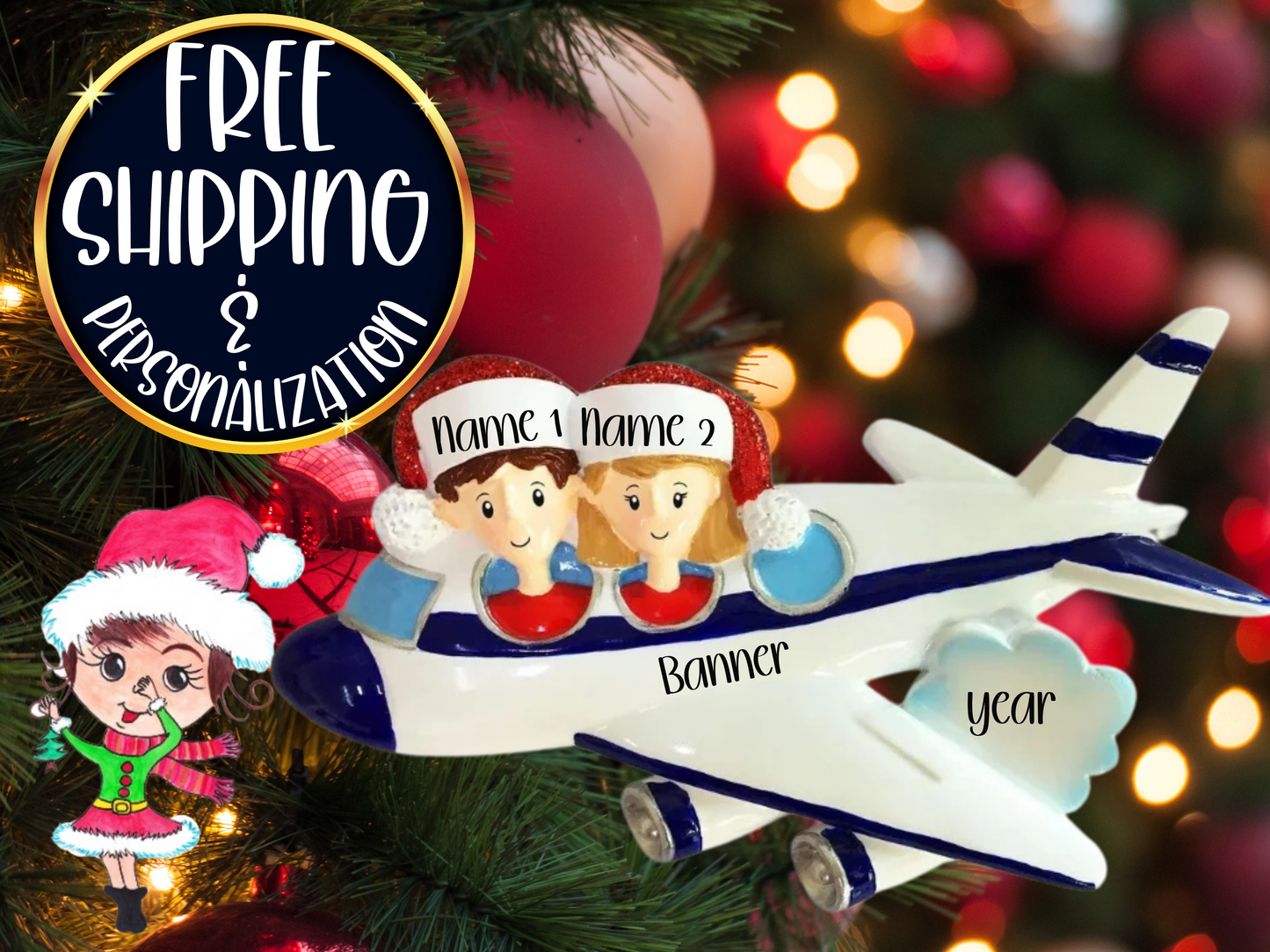 Airplane Vacation Family of 2 Personalized Christmas Ornament
