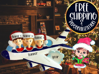 Airplane Christmas ornament for three names shown in a warm holiday room display.