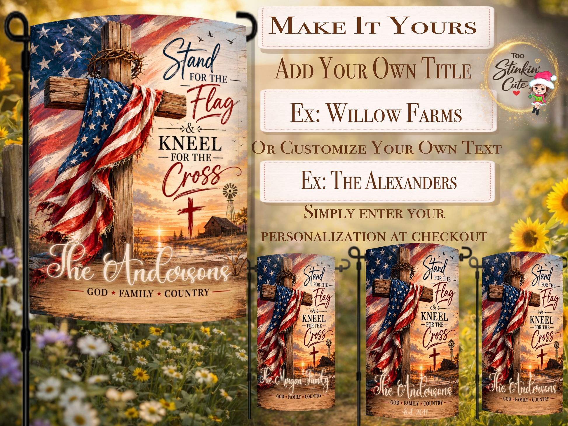 Patriotic Christian garden flag featuring cross draped with American flag