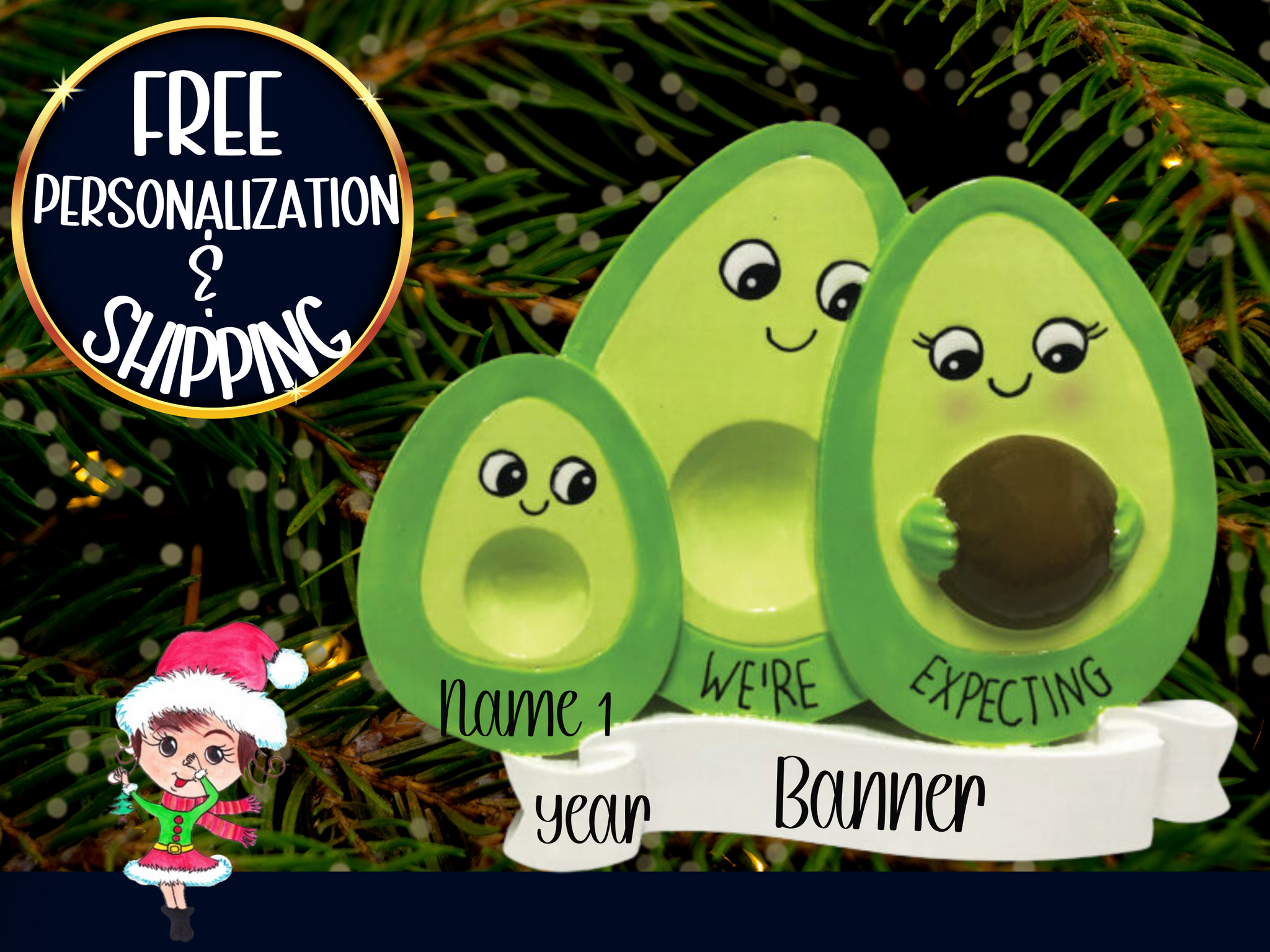 Expecting Avocado Family of 4 Personalized Christmas Ornament