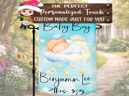 Personalized Welcome Home Baby Boy Garden Flag | Custom Newborn Announcement Flag