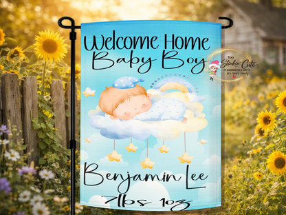 Personalized Welcome Home Baby Boy Garden Flag | Custom Newborn Announcement Flag
