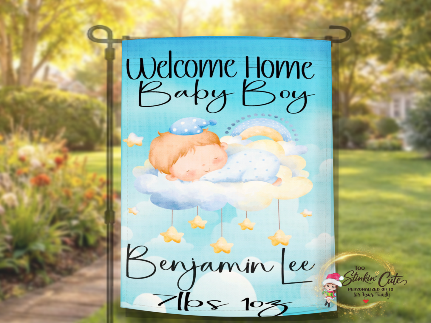 Personalized Welcome Home Baby Boy Garden Flag | Custom Newborn Announcement Flag
