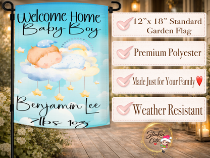 Personalized Welcome Home Baby Boy Garden Flag | Custom Newborn Announcement Flag