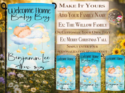 Personalized Welcome Home Baby Boy Garden Flag | Custom Newborn Announcement Flag