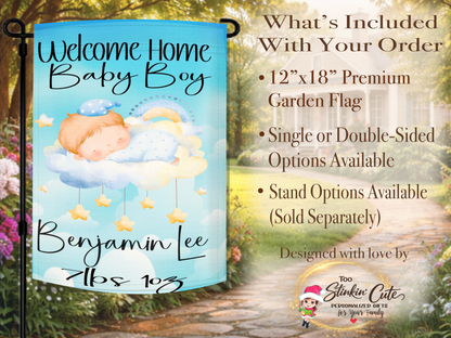 Personalized Welcome Home Baby Boy Garden Flag | Custom Newborn Announcement Flag