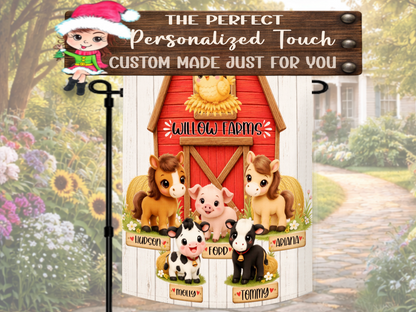 Personalized farm animal garden flag featuring barn and custom names