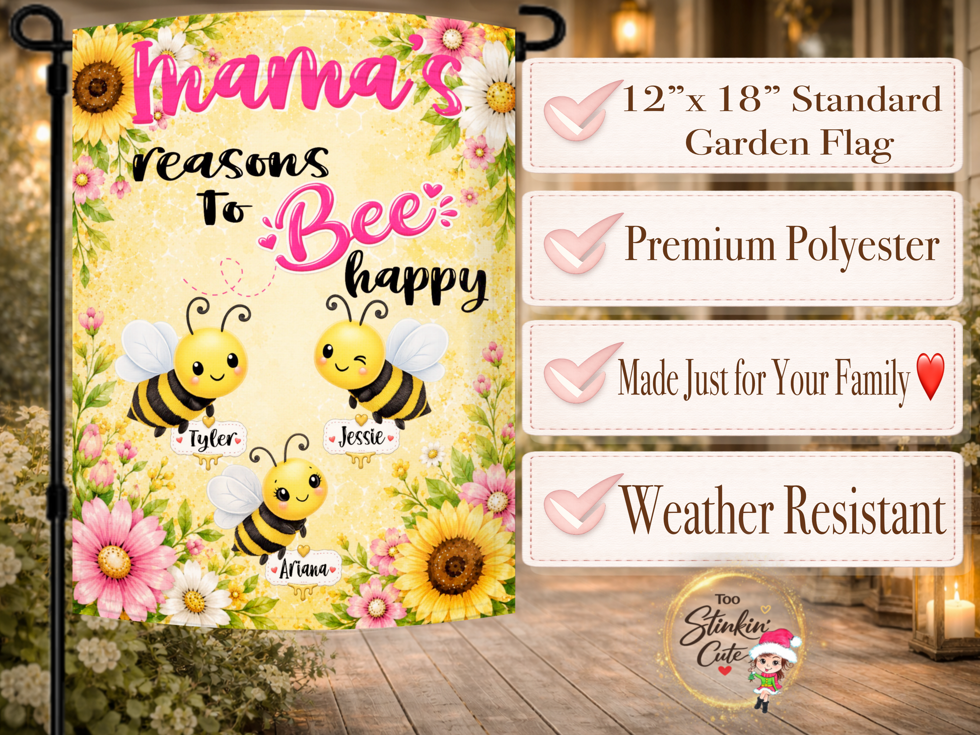 Custom Grandma gift garden flag with adorable smiling bees