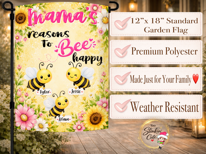 Custom Grandma gift garden flag with adorable smiling bees