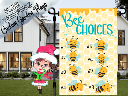 Bee illustration selection chart showing eight numbered bee designs on a yellow honeycomb background.