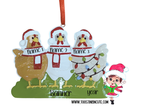 Personalized Chicken Family of 3 Christmas Ornament