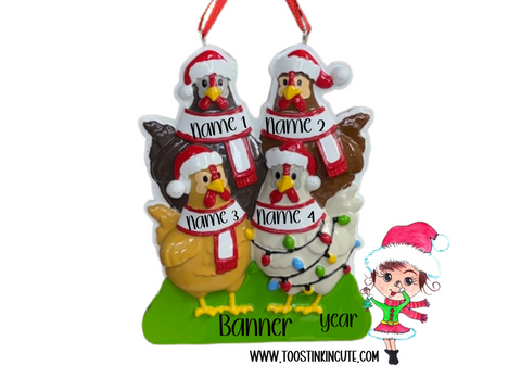 Personalized Chicken Family of 4 Christmas Ornament