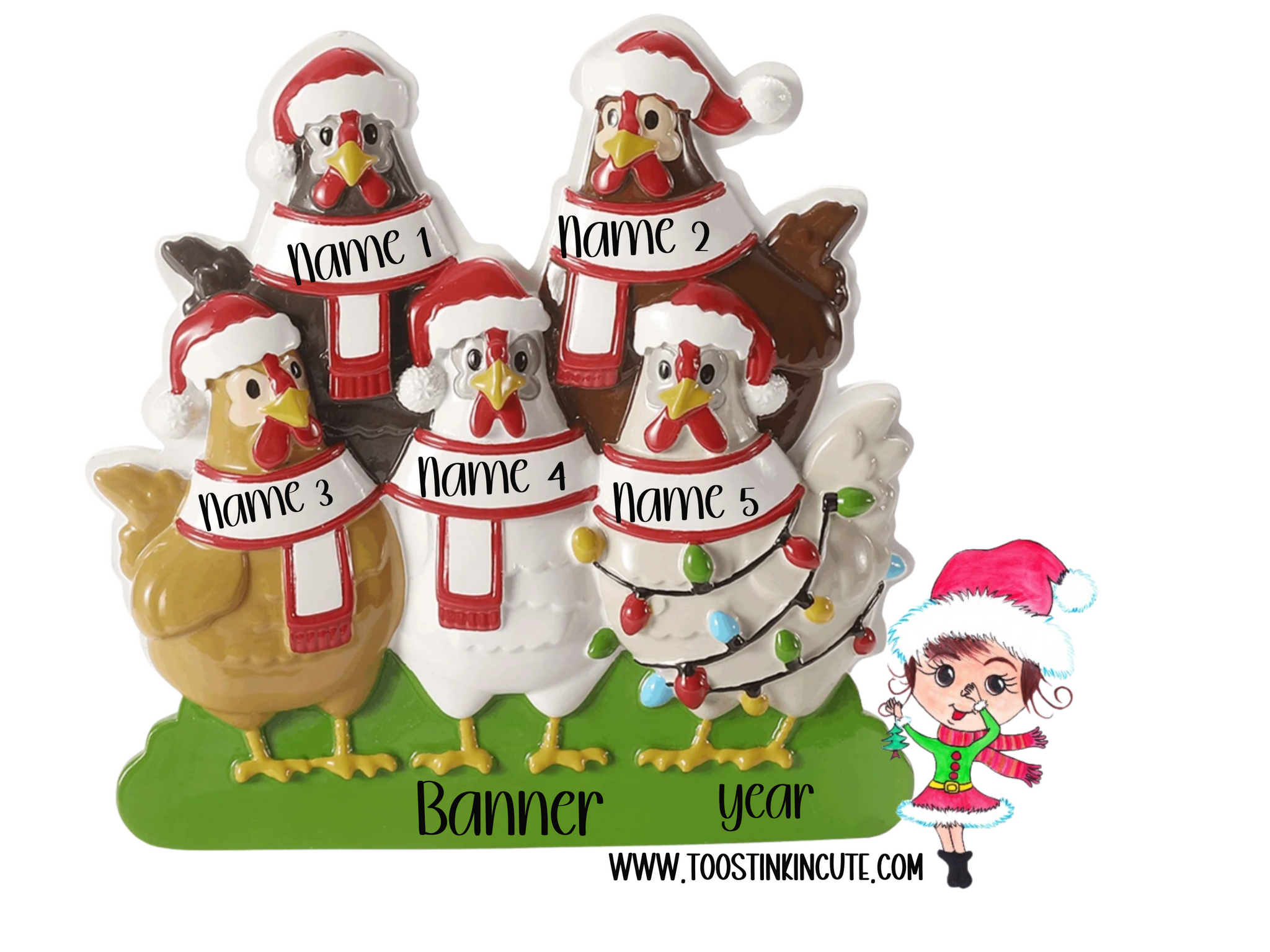 Personalized Chicken Family of 5 Christmas Ornament