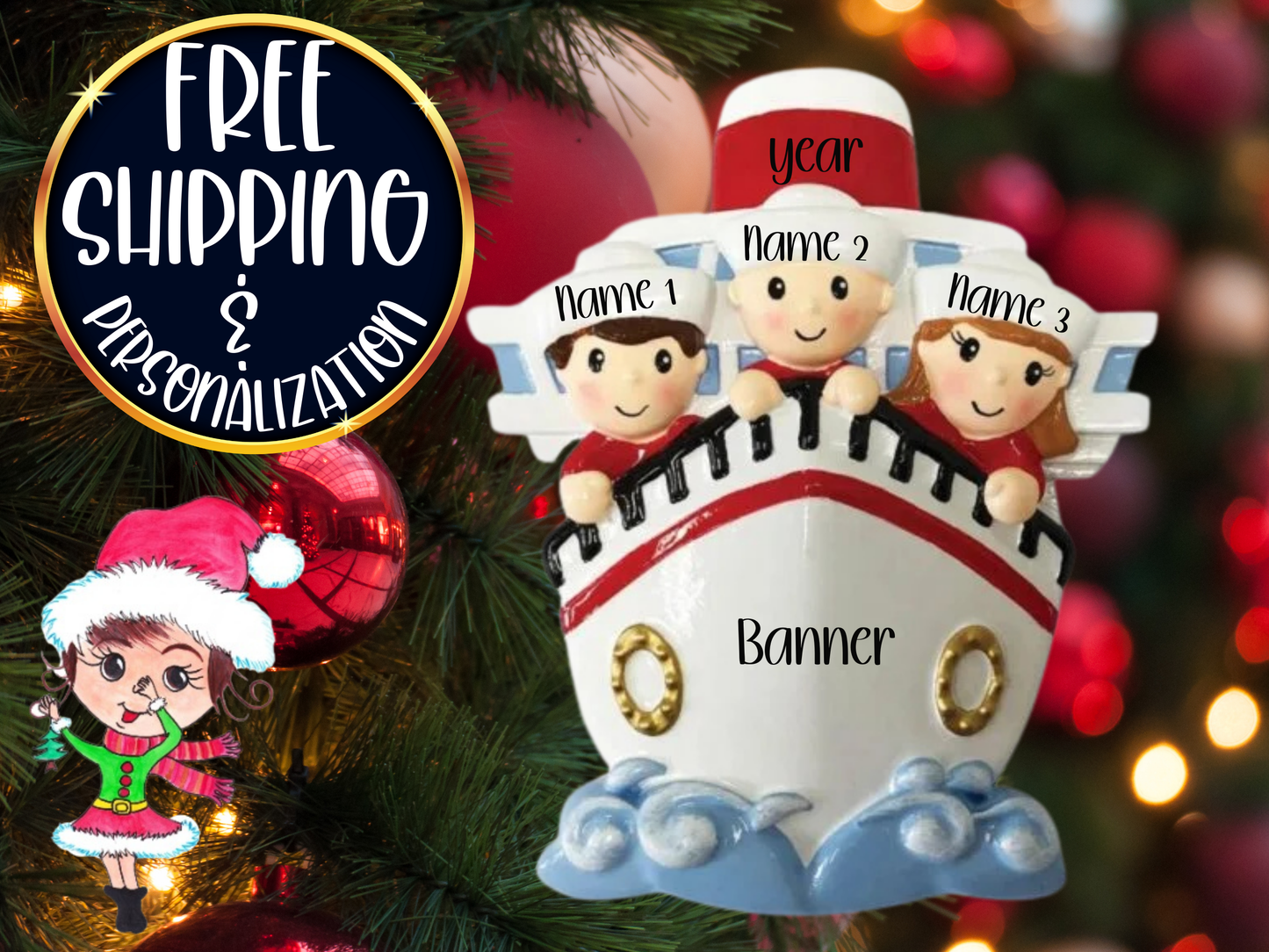 Cruise Family of 3 Personalized Christmas Ornament