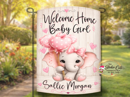 Personalized baby girl yard decor with pink hearts and balloons