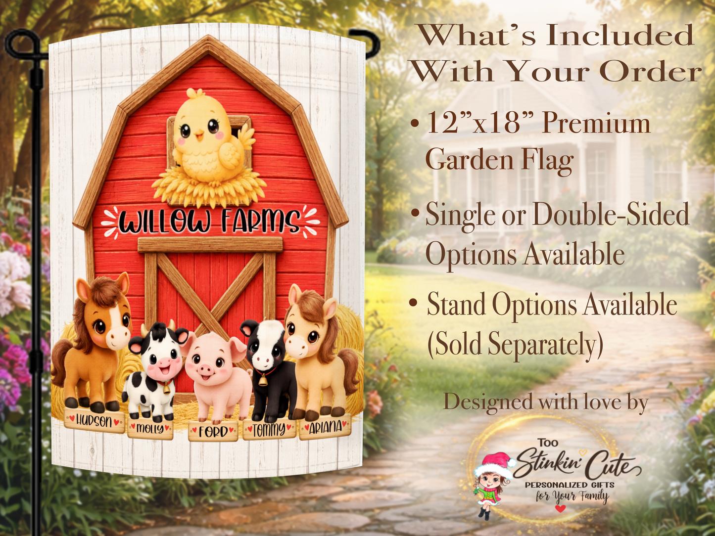Personalized family name flag with barnyard animals and farmhouse design