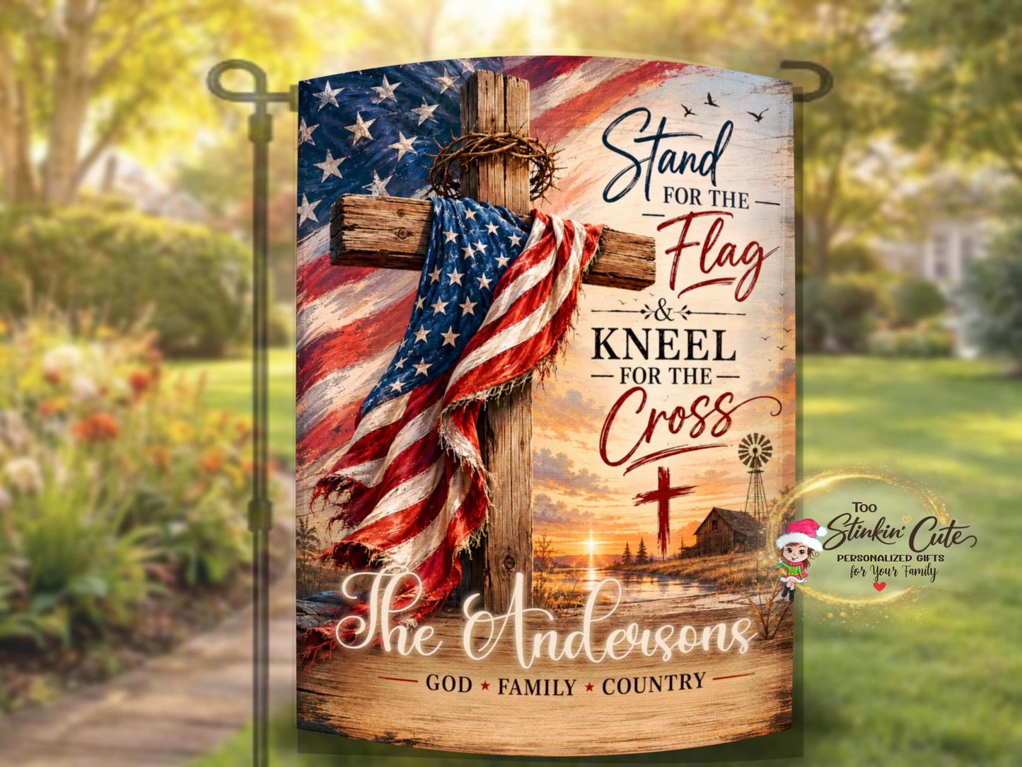 Personalized patriotic farmhouse decor flag for porch and garden