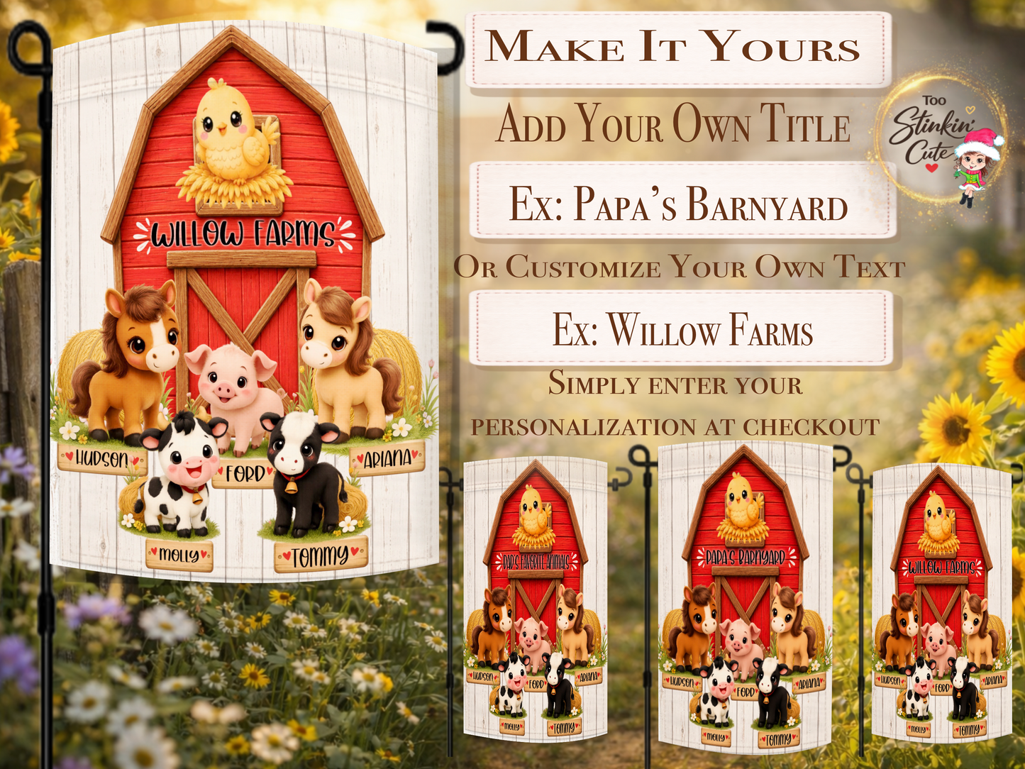 Custom farmhouse garden flag with horse, pig, and cow illustrations