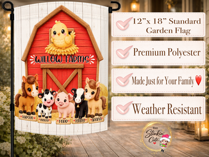 Farm animal garden flag customized with names beneath each animal