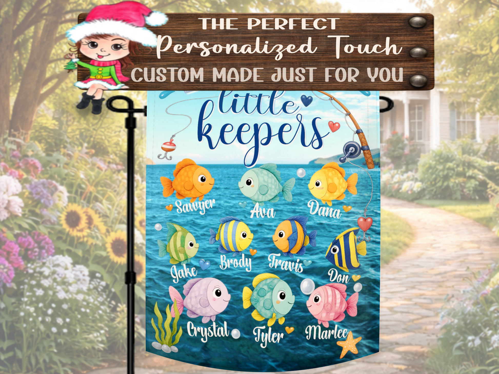 Personalized lake house decor flag for Papa and grandkids