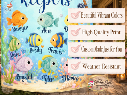 Underwater themed garden flag with grandchildren names and fishing design