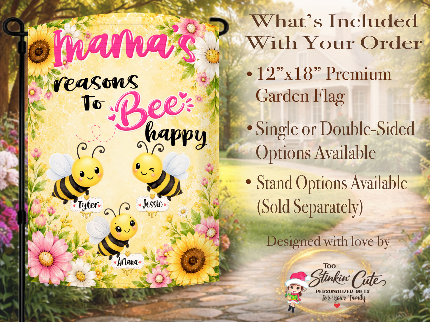Personalized bee garden flag for Grandma with floral and sunflower accents