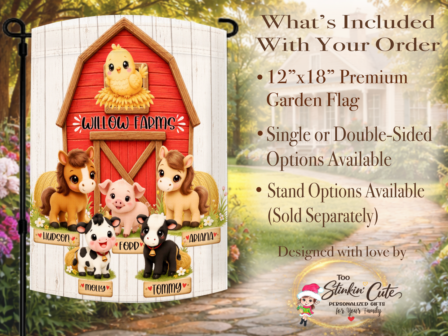 Personalized barnyard family flag with rustic red barn design