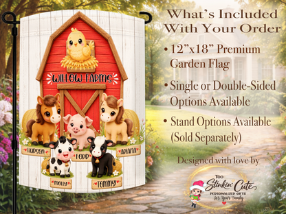 Personalized barnyard family flag with rustic red barn design