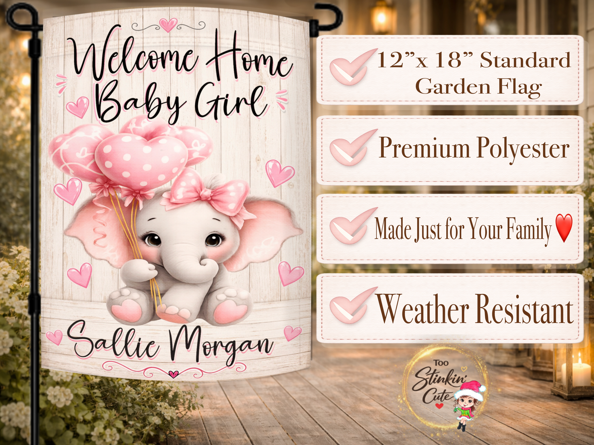 Welcome home baby girl outdoor flag with personalized baby name