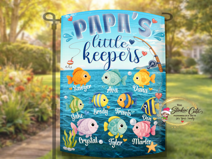 Custom fishing family keepsake flag with colorful fish artwork
