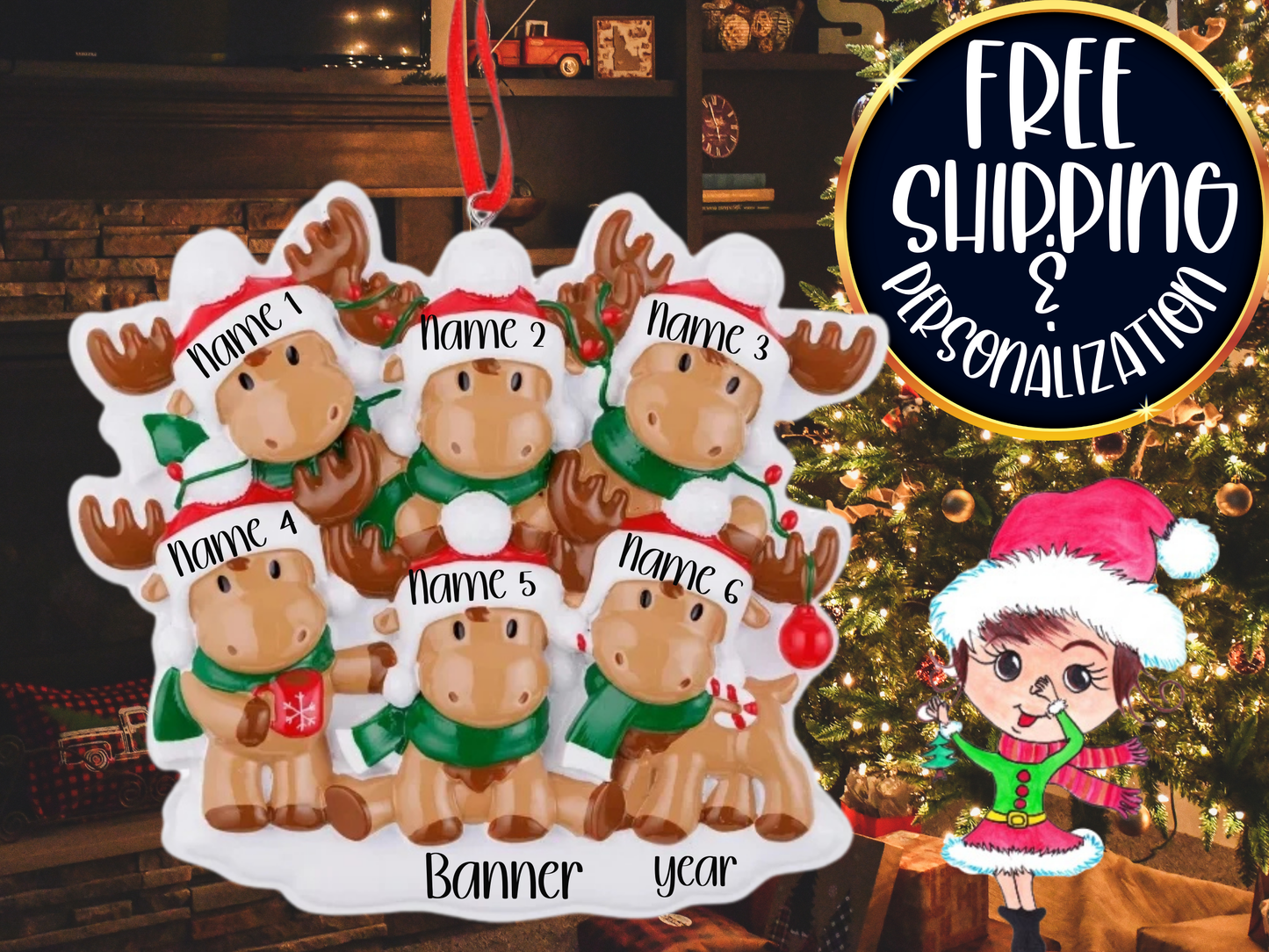 Moose Family of 6 Personalized Ornament