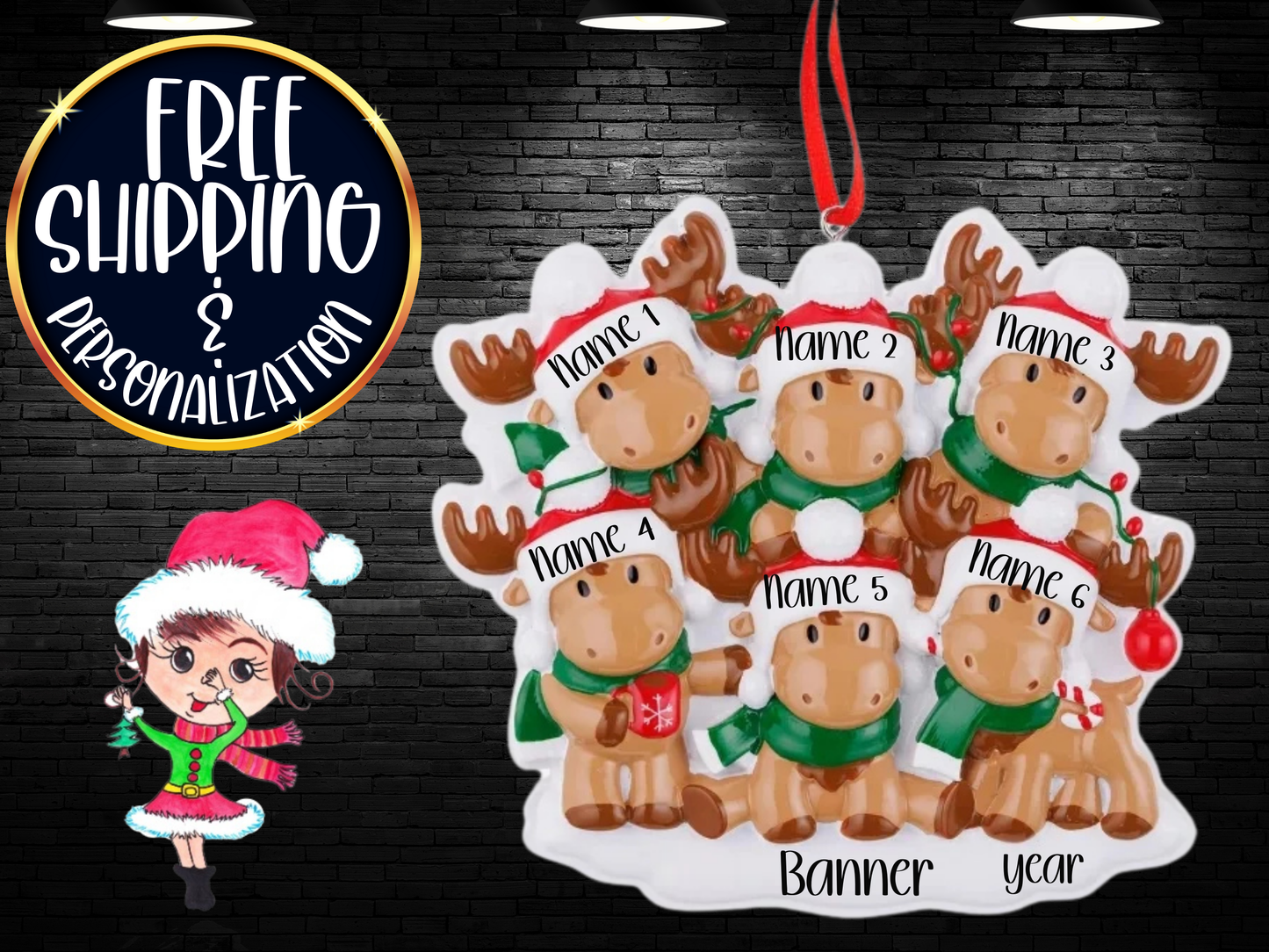 Moose Family of 6 Personalized Ornament