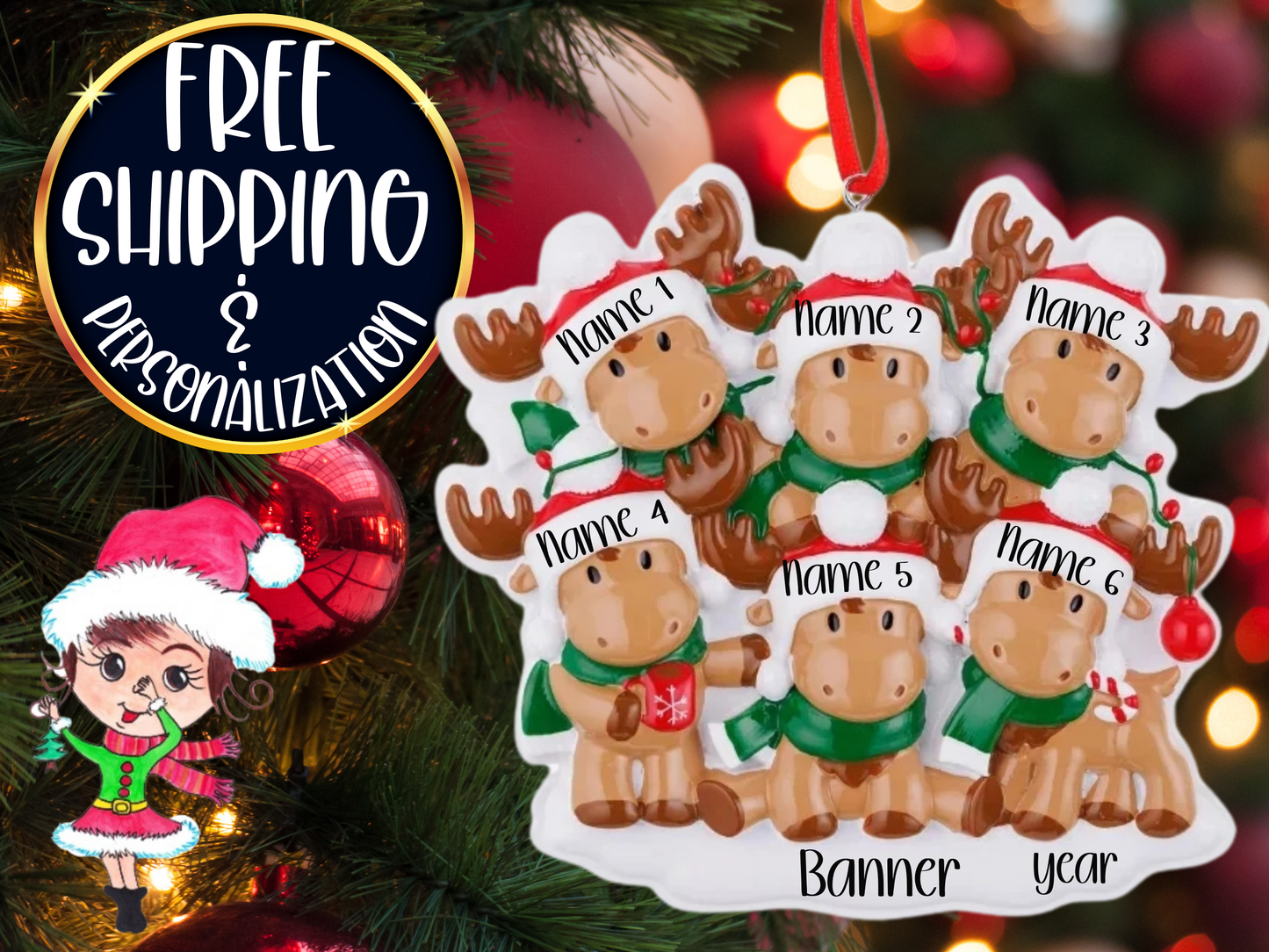 Moose Family of 6 Personalized Ornament