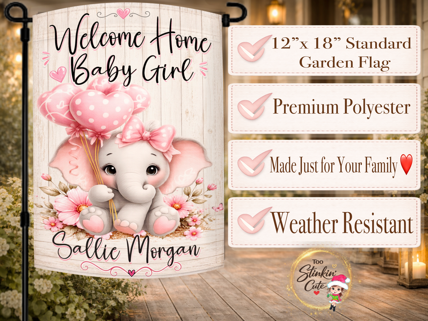 Baby girl announcement garden flag with pink flowers and elephant