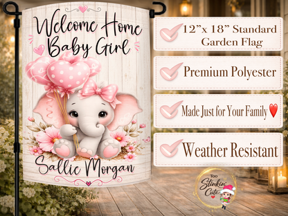 Baby girl announcement garden flag with pink flowers and elephant
