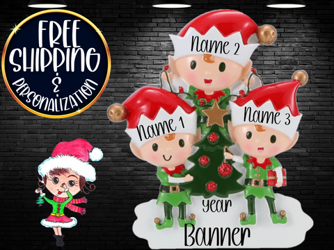 Elf Family of 3 Personalized Ornament