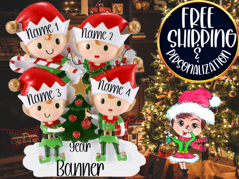 Elf Family of 4 Personalized Ornament