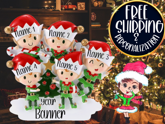 Elf Family of 5 Personalized Ornament
