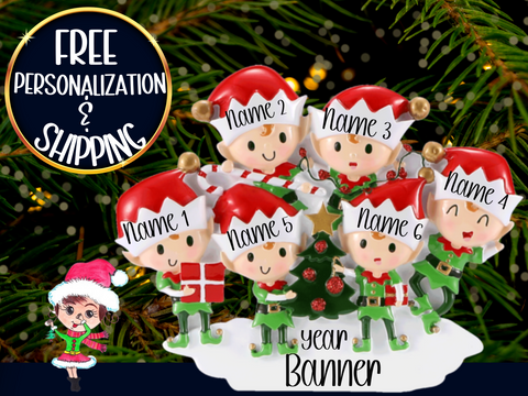 Elf Family of 6 Personalized Ornament