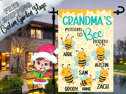 Grandma's reasons to bee happy garden flag mockup with named cartoon bees, blue lettering and yellow honeycomb print.