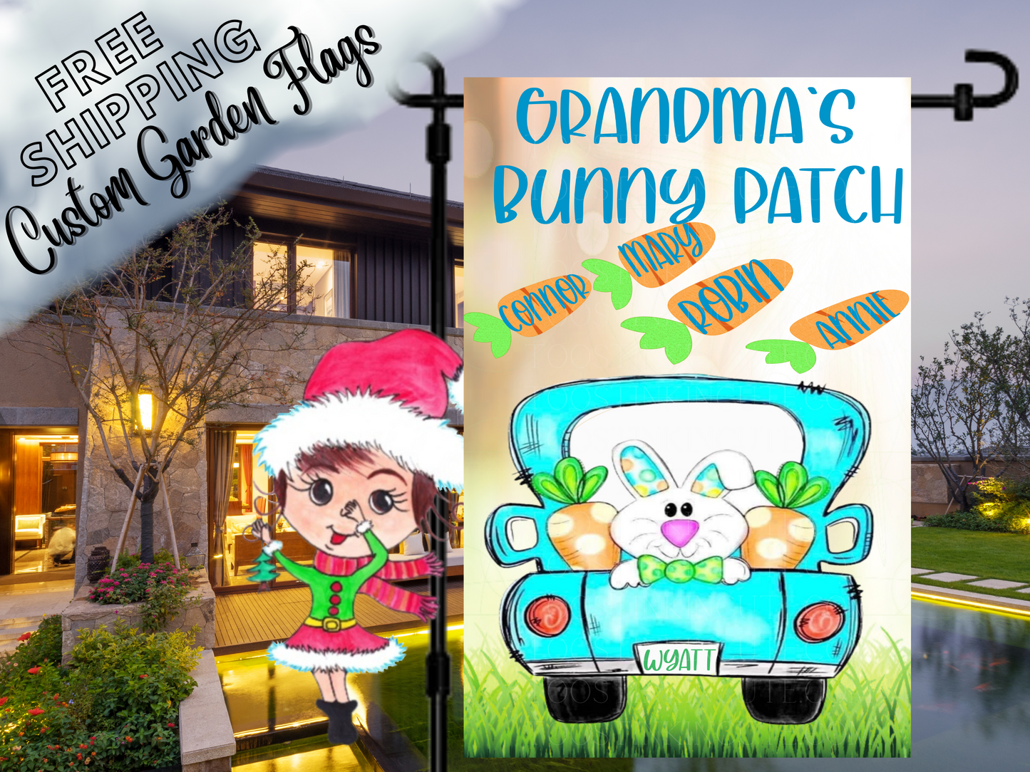 Bunny Truck  Personalized Garden Flag