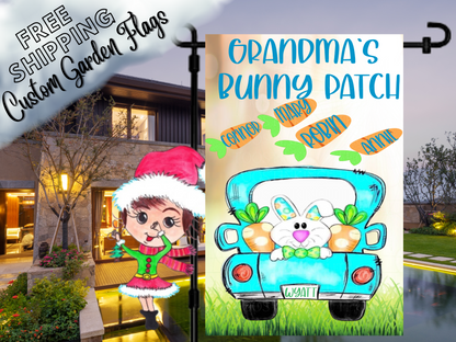 Grandma's Bunny Patch Easter flag with turquoise truck, smiling bunny and named carrots, shown at dusk.