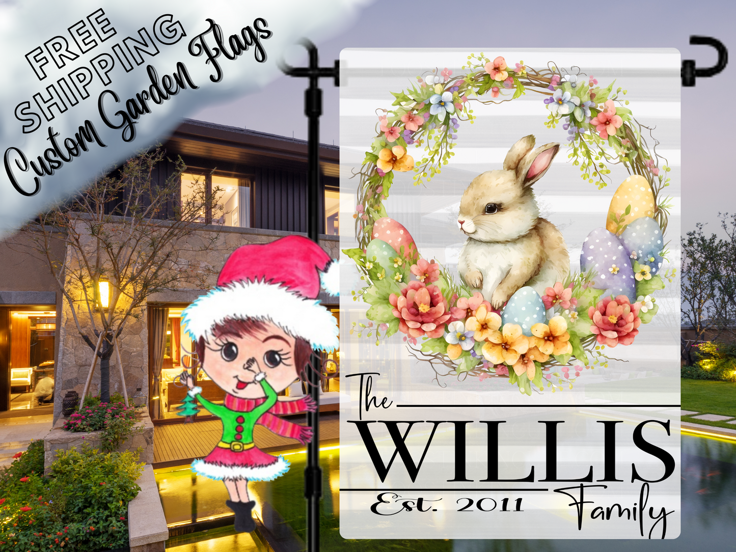 Easter Bunny Wreath Personalized Garden Flag