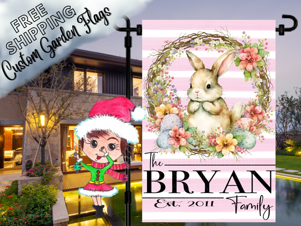 Easter Bunny Wreath Personalized Garden Flag