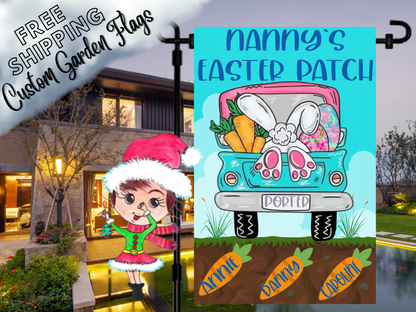 Nanny's Easter Patch garden flag with a turquoise truck, bunny feet and named carrots in soil shown at dusk.