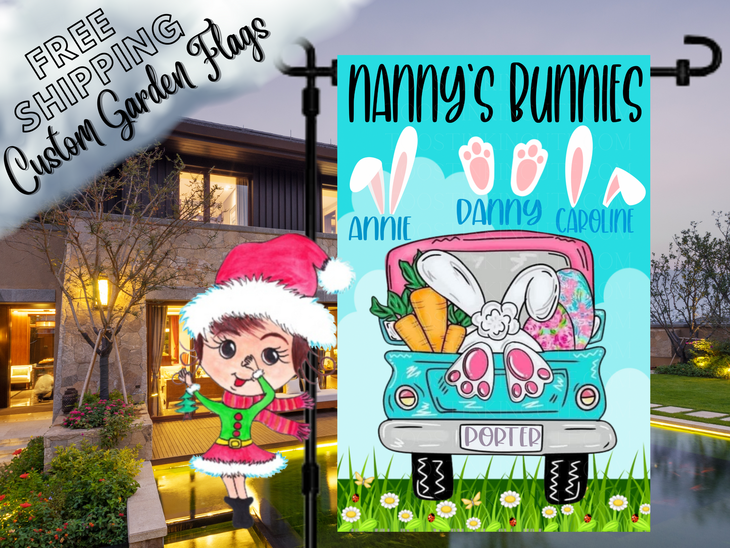 Easter Truck Bunny Ears Personalized Garden Flag